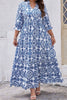 Sky Blue Ethnic Geometric Print Notch Neck Plus Size Maxi Dress