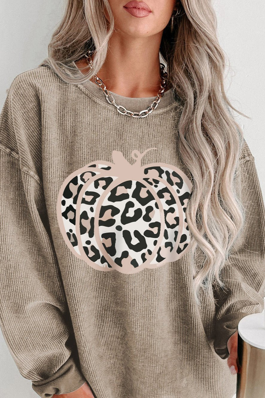 Khaki Leopard  Pumpkin Graphic Corded Sweatshirt