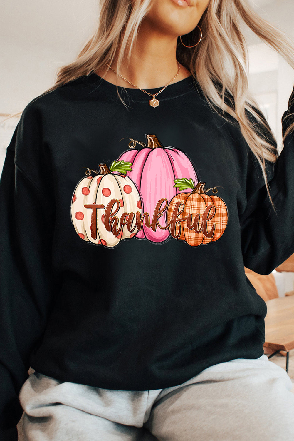 Black Pumpkin Thankful Drop Shoulder Thanksgiving Graphic Sweatshirt