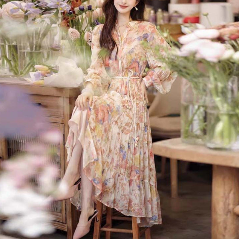 Floral Stand Collar Dress Women's