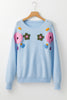 Light Blue Knitted Flower Pattern Ribbed Edge Sweater