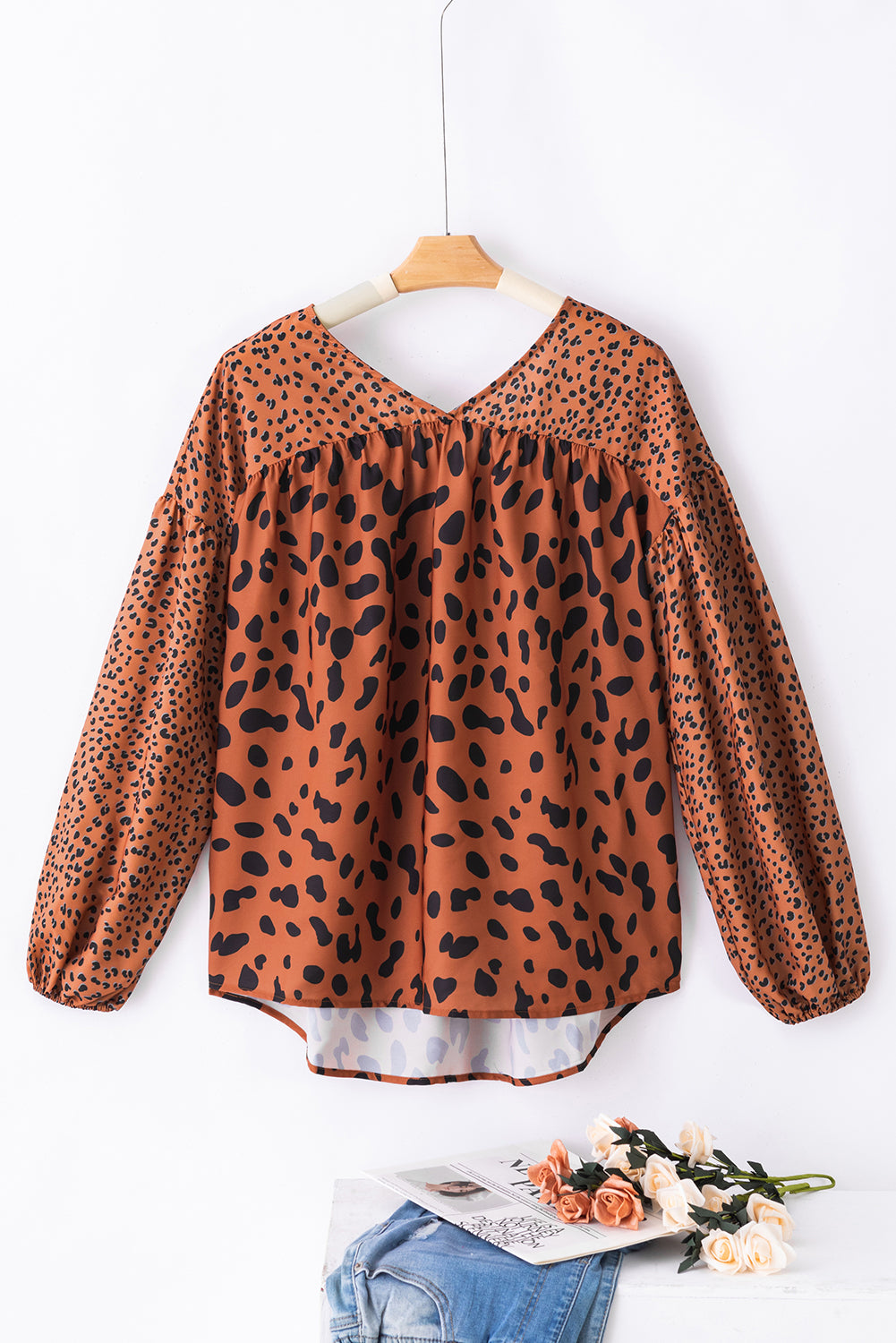 Brown Leopard V Neck Lantern Sleeve Tunic Blouse