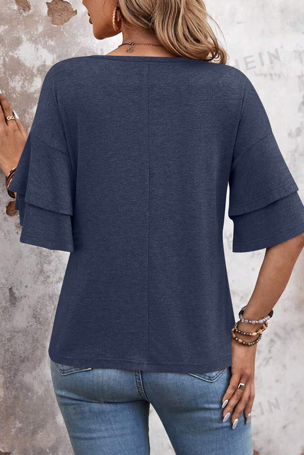 Dune Solid Color V Neck Double Layer Sleeve Loose T-Shirt