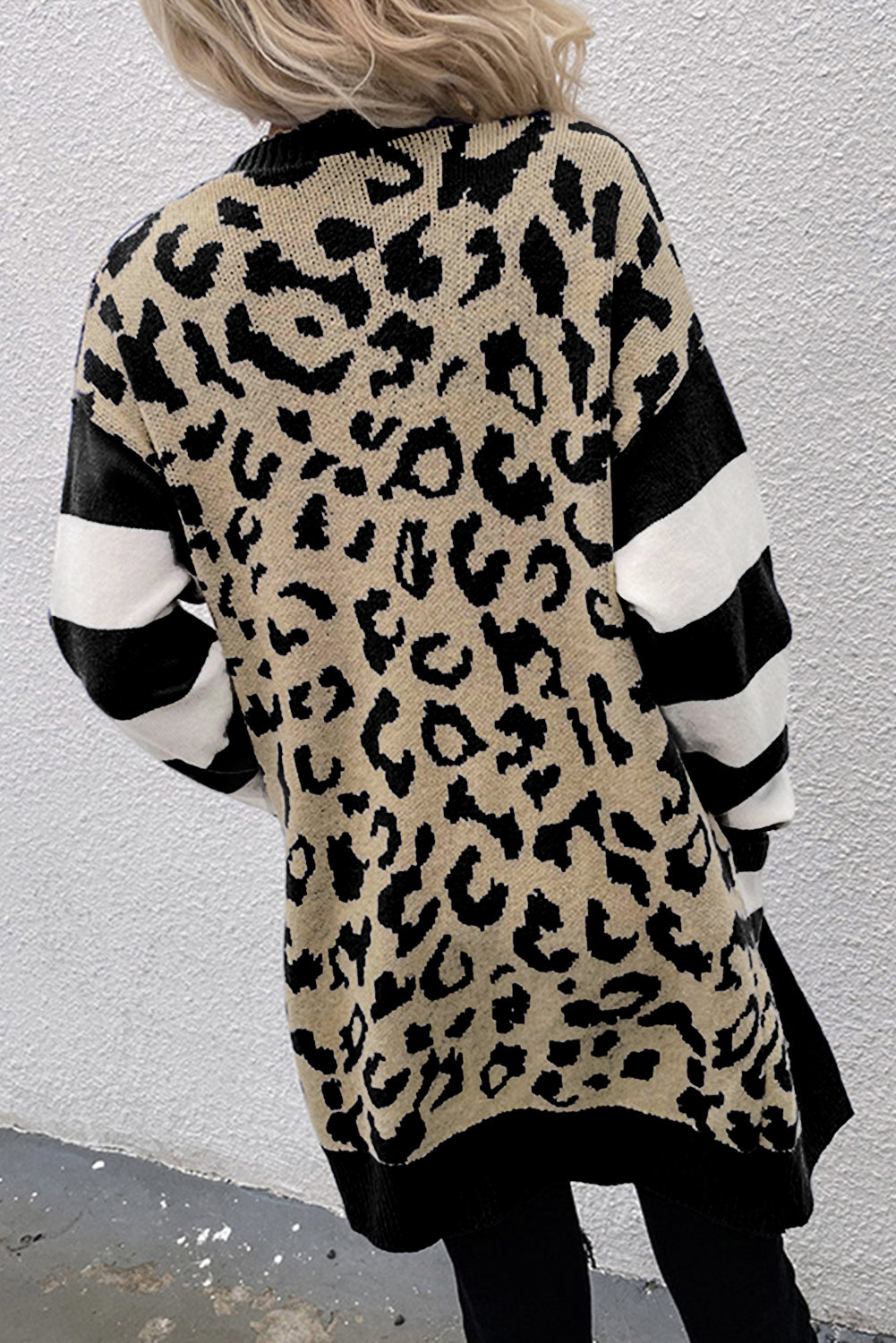 Black Stripe Sleeve Leopard Print Cardigan