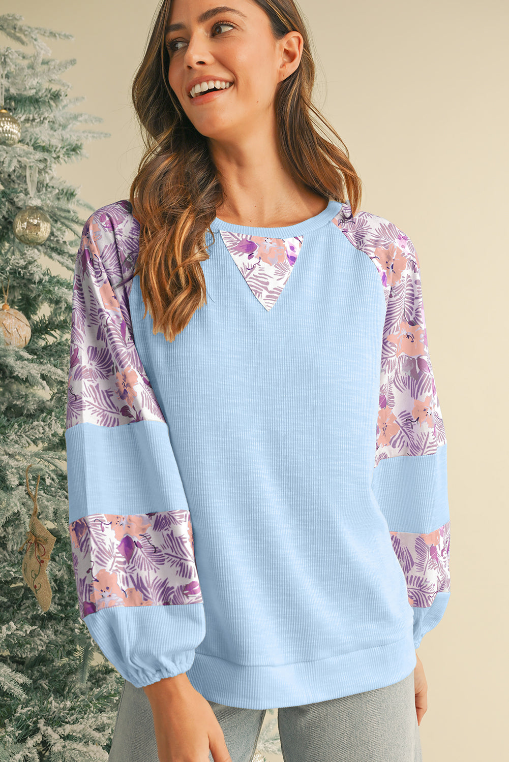 Apricot Crinkle Rib Floral Patchwork Balloon Sleeve Top