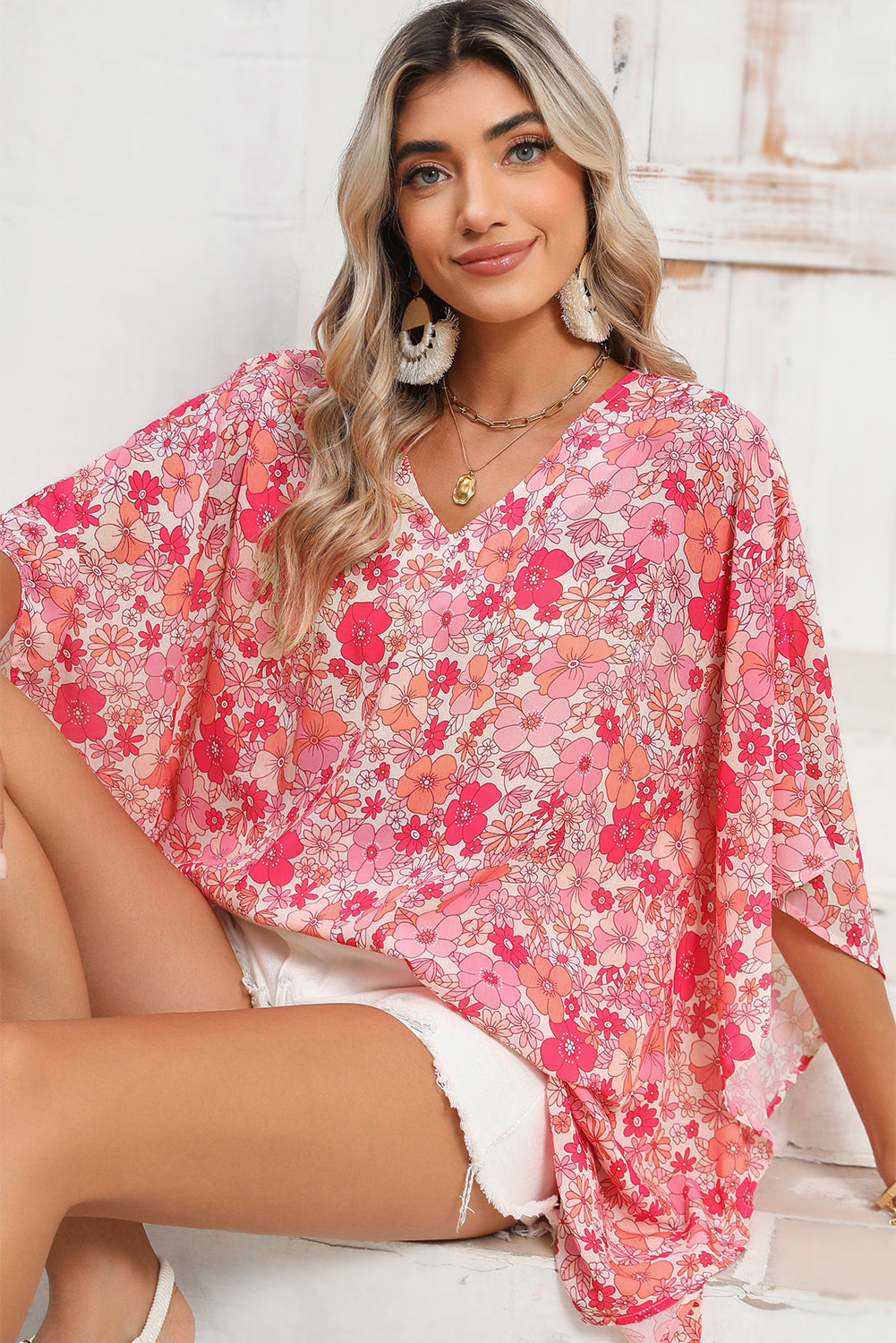 Pink Boho Floral Print V Neck Oversized Blouse