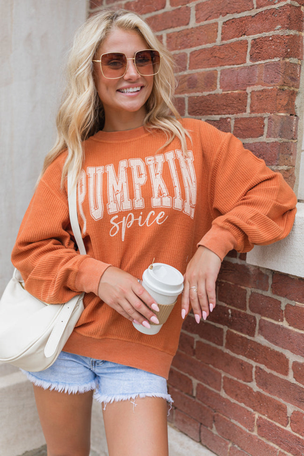 Orange Crinkle Ribbed PUMPKIN Spice Graphic Crewneck Sweatshirt