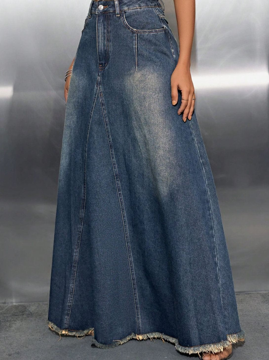 Raw Hem High Waist Denim Skirt with Pockets