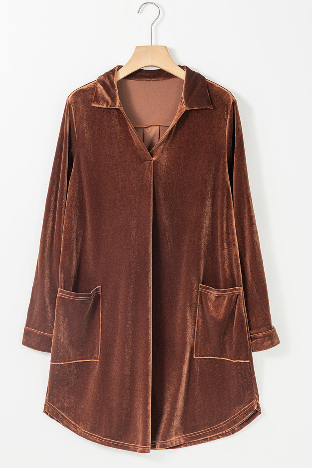 Coffee Collared V Neck Two Pockets Shift Velvet Tunic