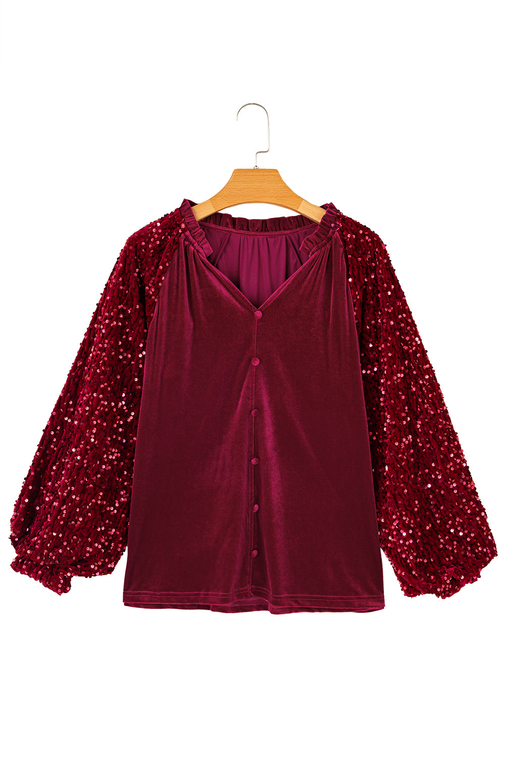 Evergreen Velvet Sequin Patchwork Sleeve Button Up Blouse