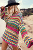 Rose Red Colorblock Striped Hollowed Knit Loose Sleeve Sweater