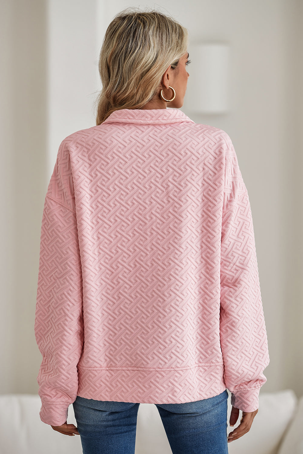 Light Pink Solid Textured Half Zipper Collared Sweatshirt