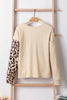 Bonbon Casual Waffle Knit Leopard Contrast Long Sleeve Top