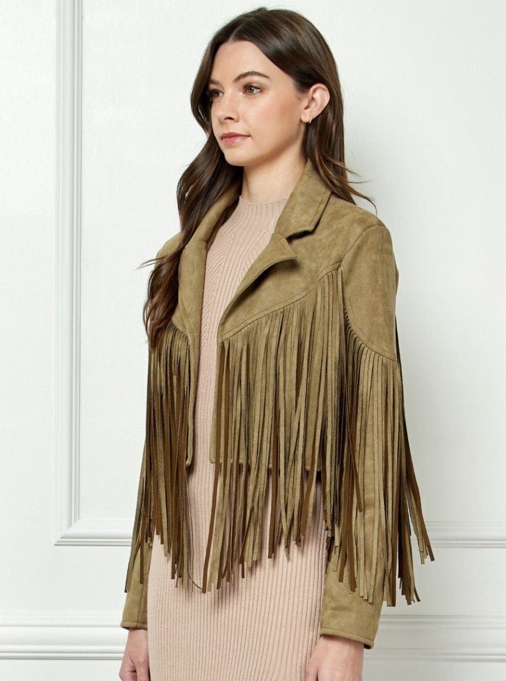 Veveret Suede Fringe Long Sleeve Moto Jacket