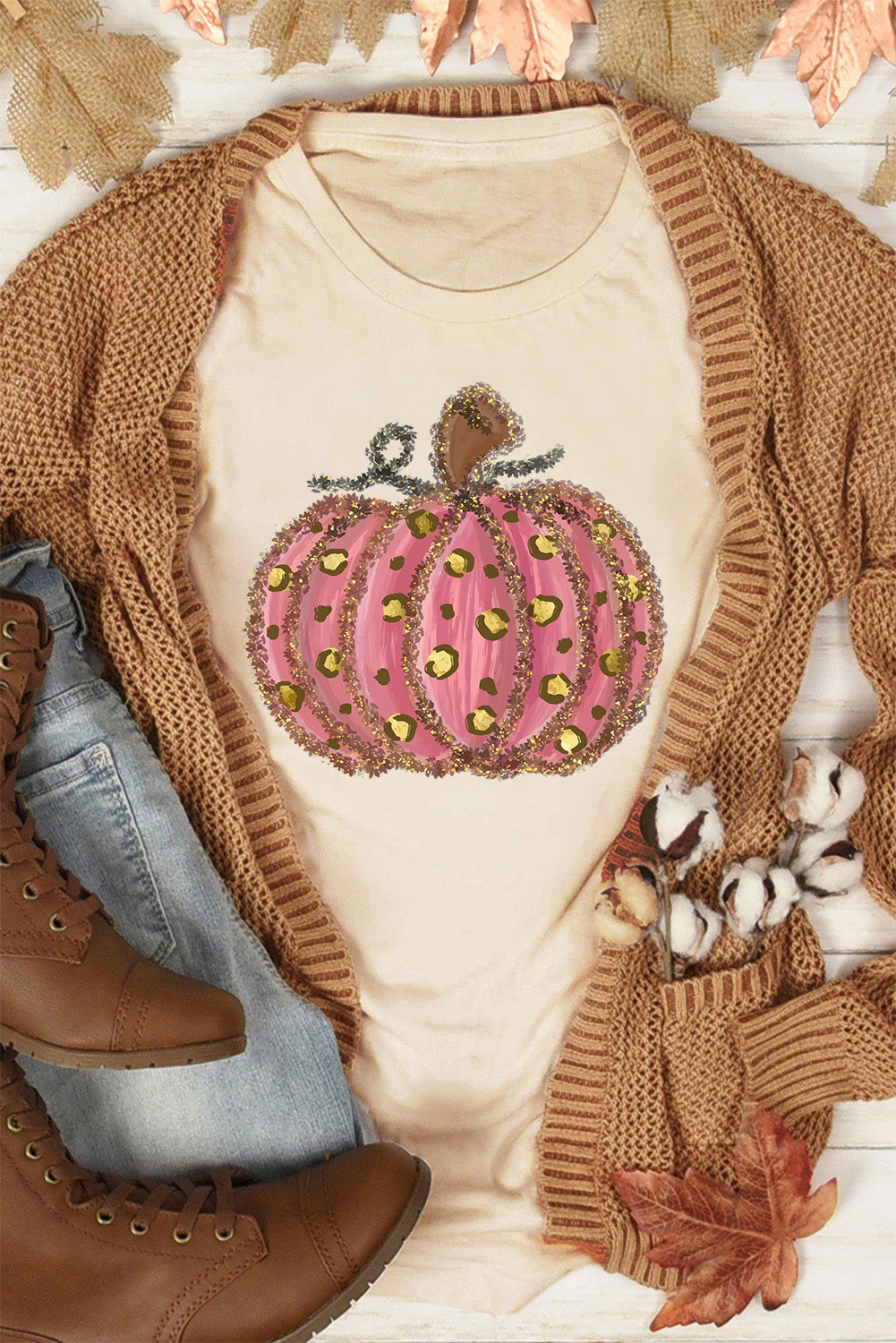 Khaki Leopard Pumpkin Graphic Round Neck T Shirt