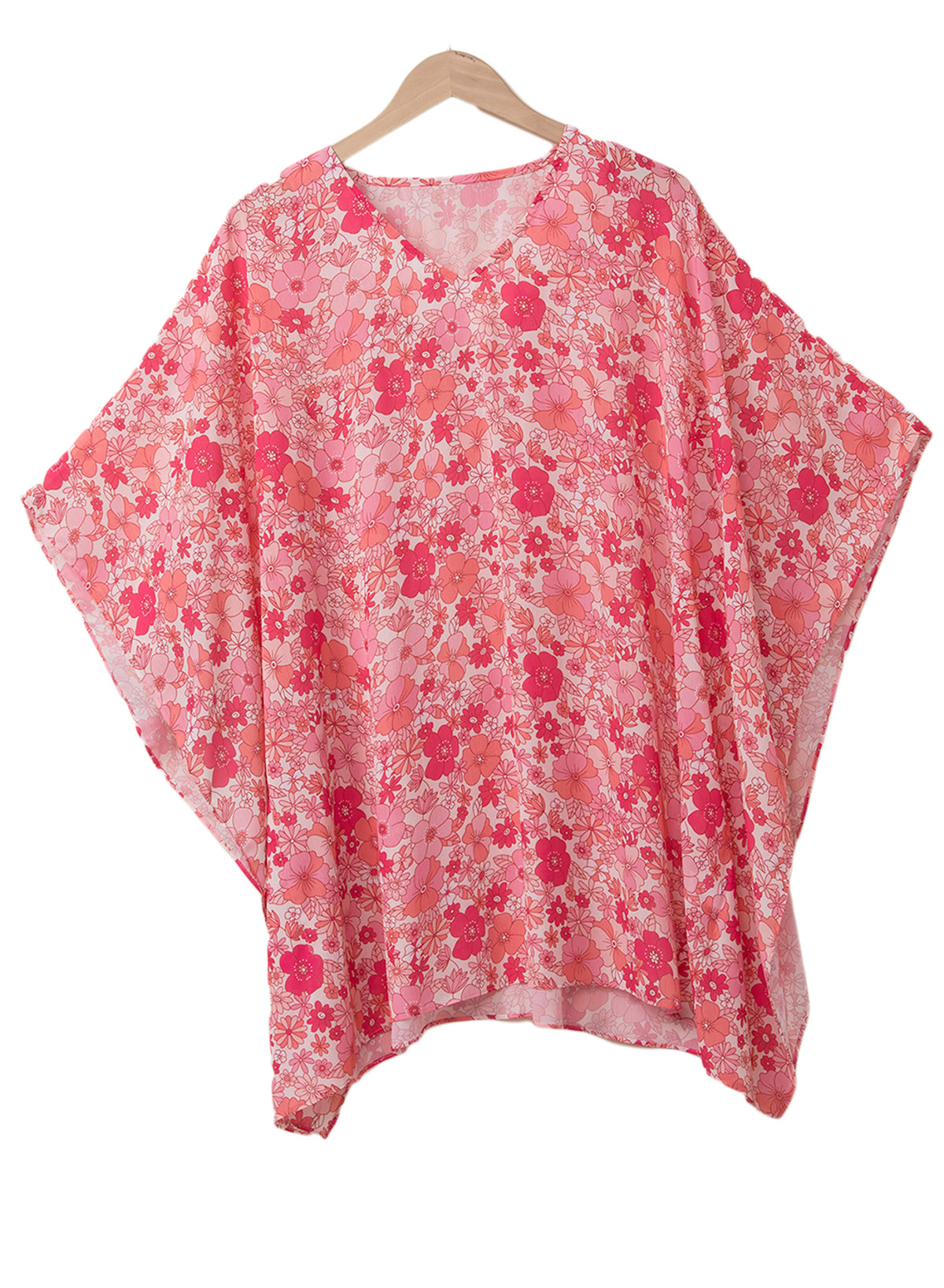 Pink Boho Floral Print V Neck Oversized Blouse