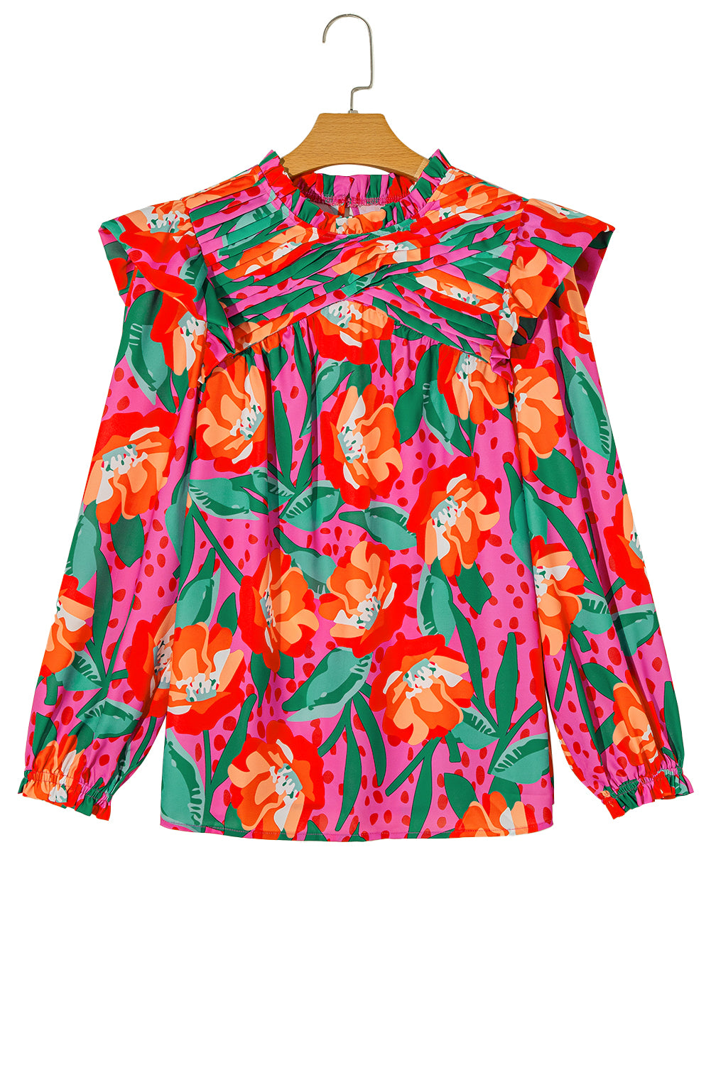 Rose Floral Print Pleated Ruffled O Neck Plus Size Blouse