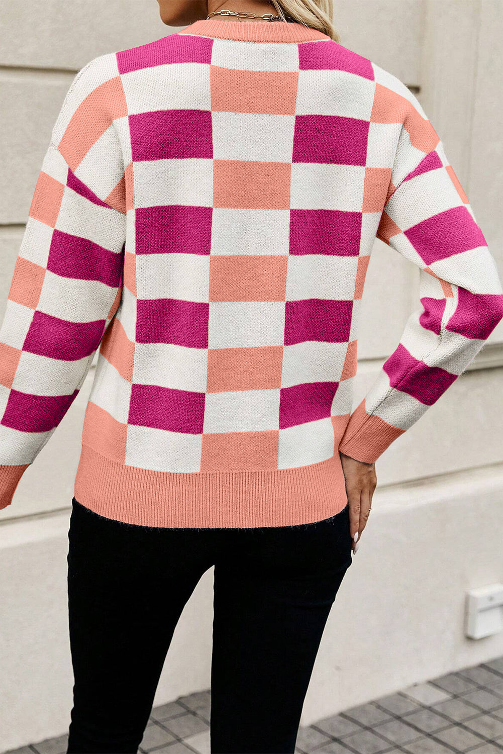 Orange Checkered Crew Neck Drop Shoulder Knit Sweater