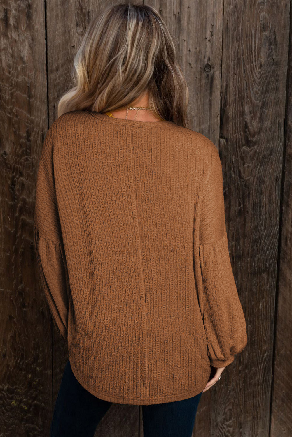 Brown Solid Color Textured Pullover Casual Long Sleeve Top