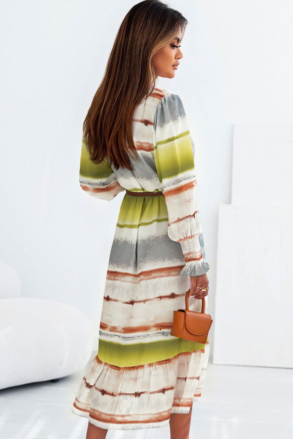 Multicolor Lace Up Tie-dye Print Long Shirt Dress