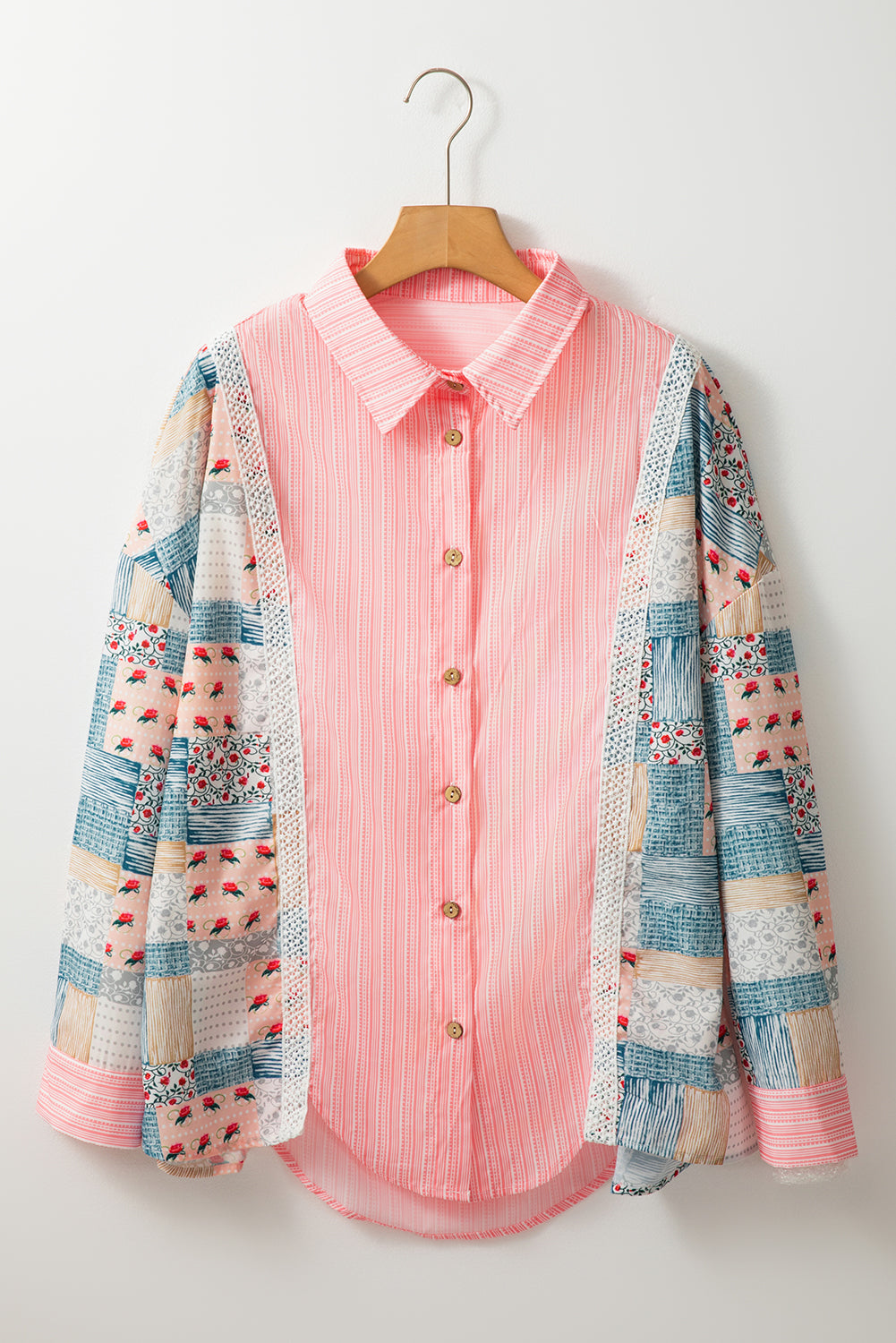 Pink Stripe Floral Patchwork Loose Fit Shirt