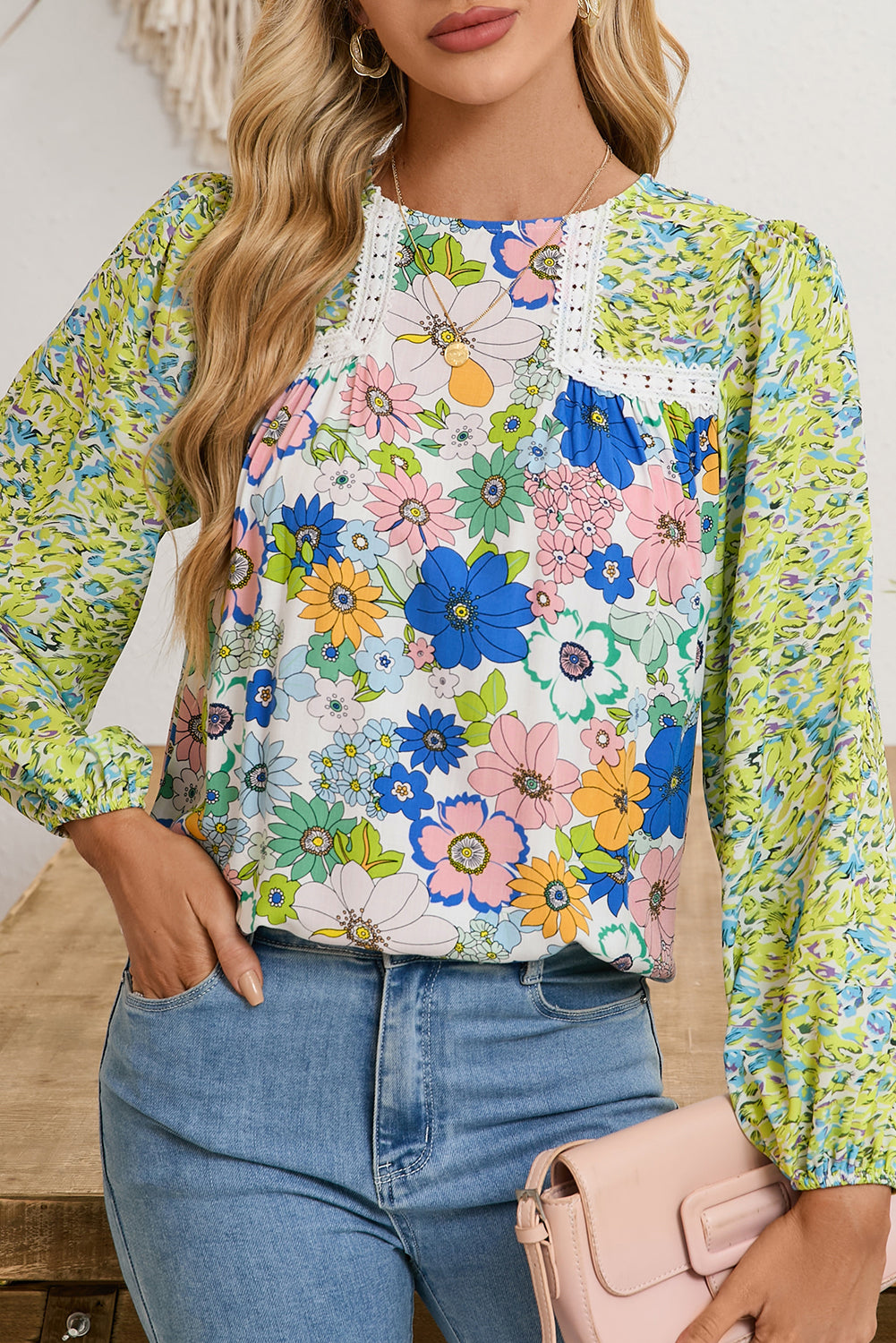 Green Bubble Sleeve Lace Detail Mixed Floral Blouse