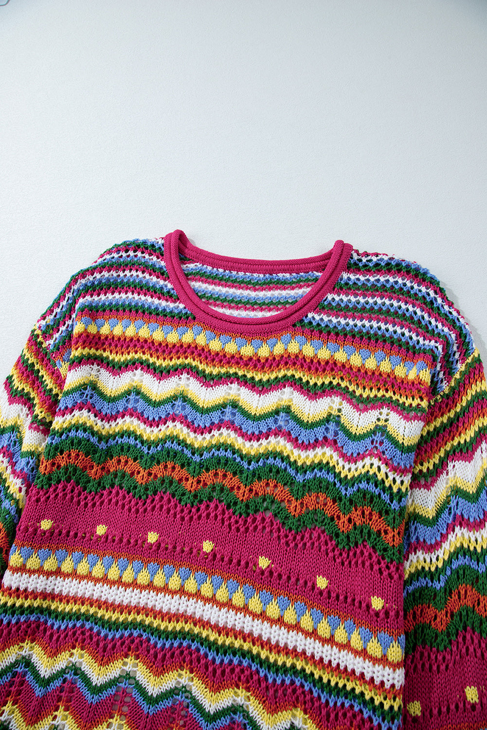 Rose Red Colorblock Striped Hollowed Knit Loose Sleeve Sweater