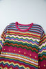 Rose Red Colorblock Striped Hollowed Knit Loose Sleeve Sweater