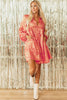 Peach Blossom Metallic Sheen Puff Sleeve Button Up Mini Shirt Dress