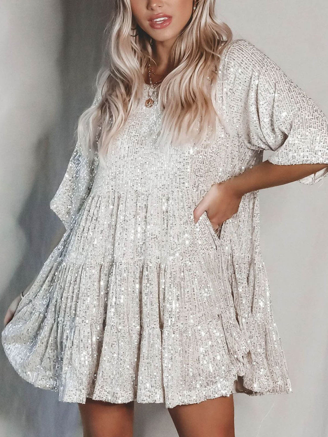 Full Size Sequin Round Neck Half Sleeve Tunic