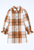 Khaki Plaid Pattern Collared Neck Ruffled Sleeve Shirt Dress