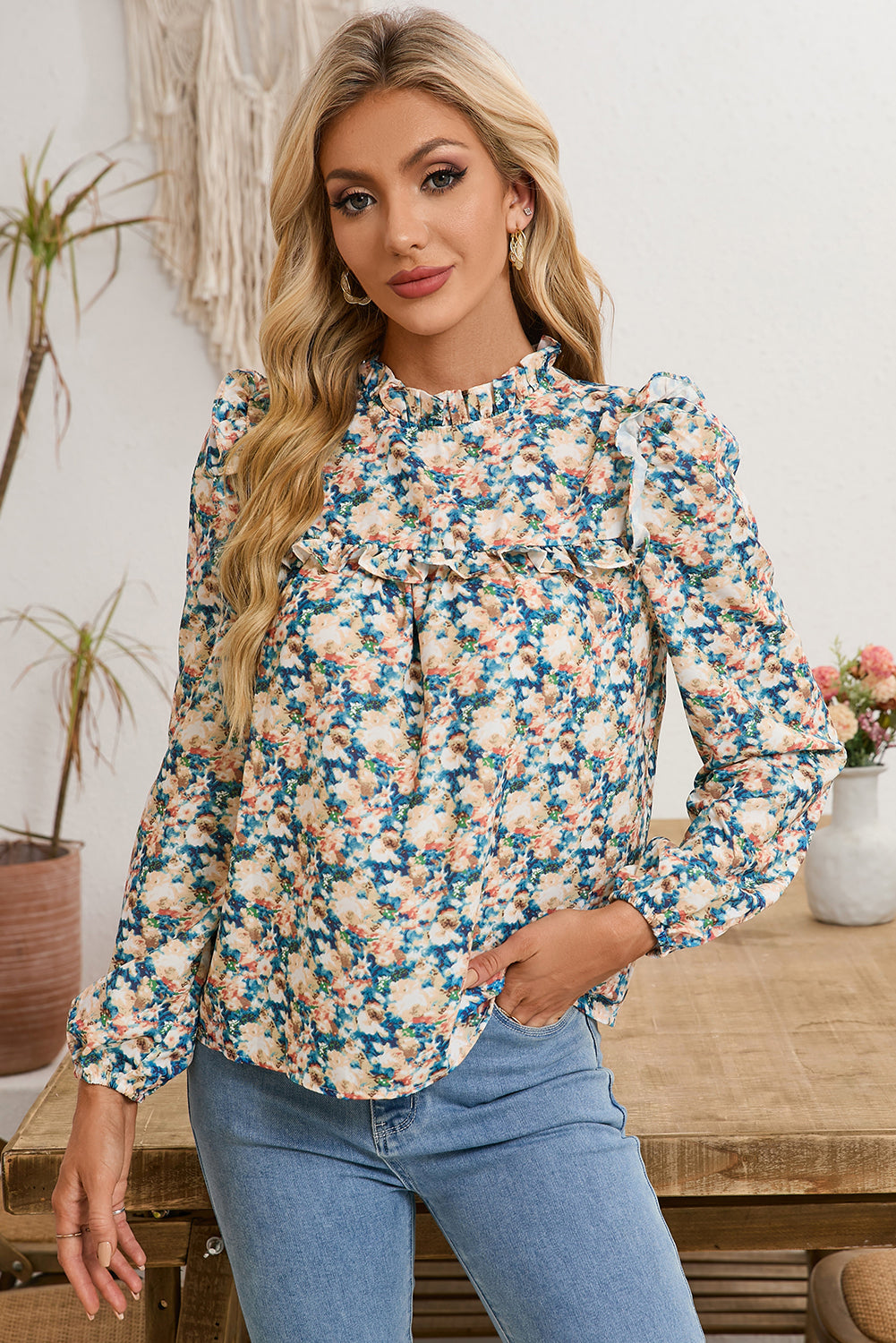 Sky Blue Floral Print Frill Neck Puff Sleeve Blouse