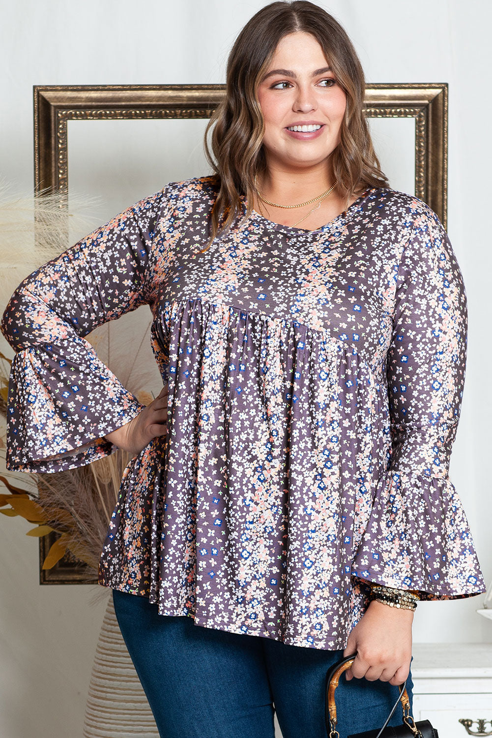 Purple Floral Print Round Neck Plus Size Tunic