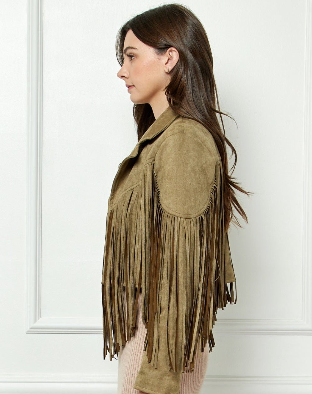 Veveret Suede Fringe Long Sleeve Moto Jacket