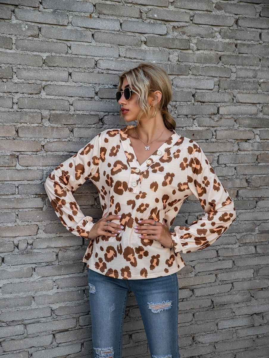 Leopard Print Printed V-neck Off-the-shoulder Long Sleeve T-shirt