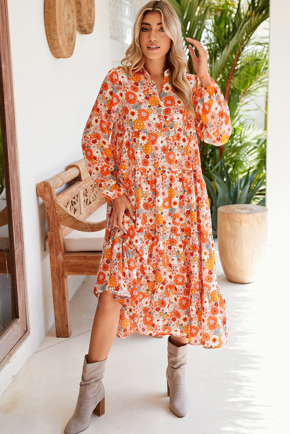 Yellow Boho Floral Collared Long Sleeve Dress