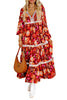 Orange Floral Print Lace Trim Patched V Neck Maxi Dress