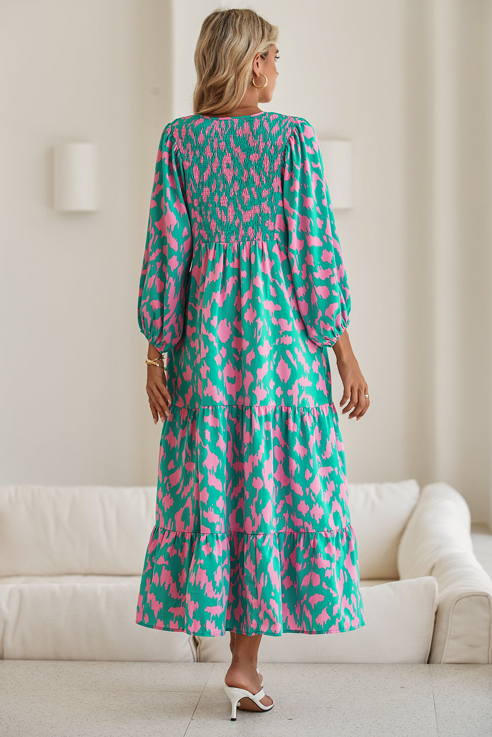 Sky Blue Abstract Print Puff Sleeve Smocked V Neck Maxi Dress