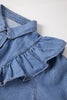 Dusk Blue Denim Button Front Ruffle Decor Long Sleeve Blouse