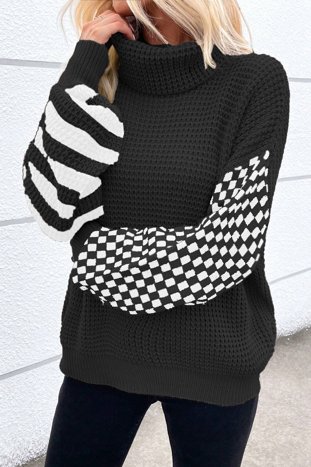 Smoke Gray Striped Plaid Patchwork Waffle Knit Turtleneck Sweater