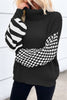 Smoke Gray Striped Plaid Patchwork Waffle Knit Turtleneck Sweater