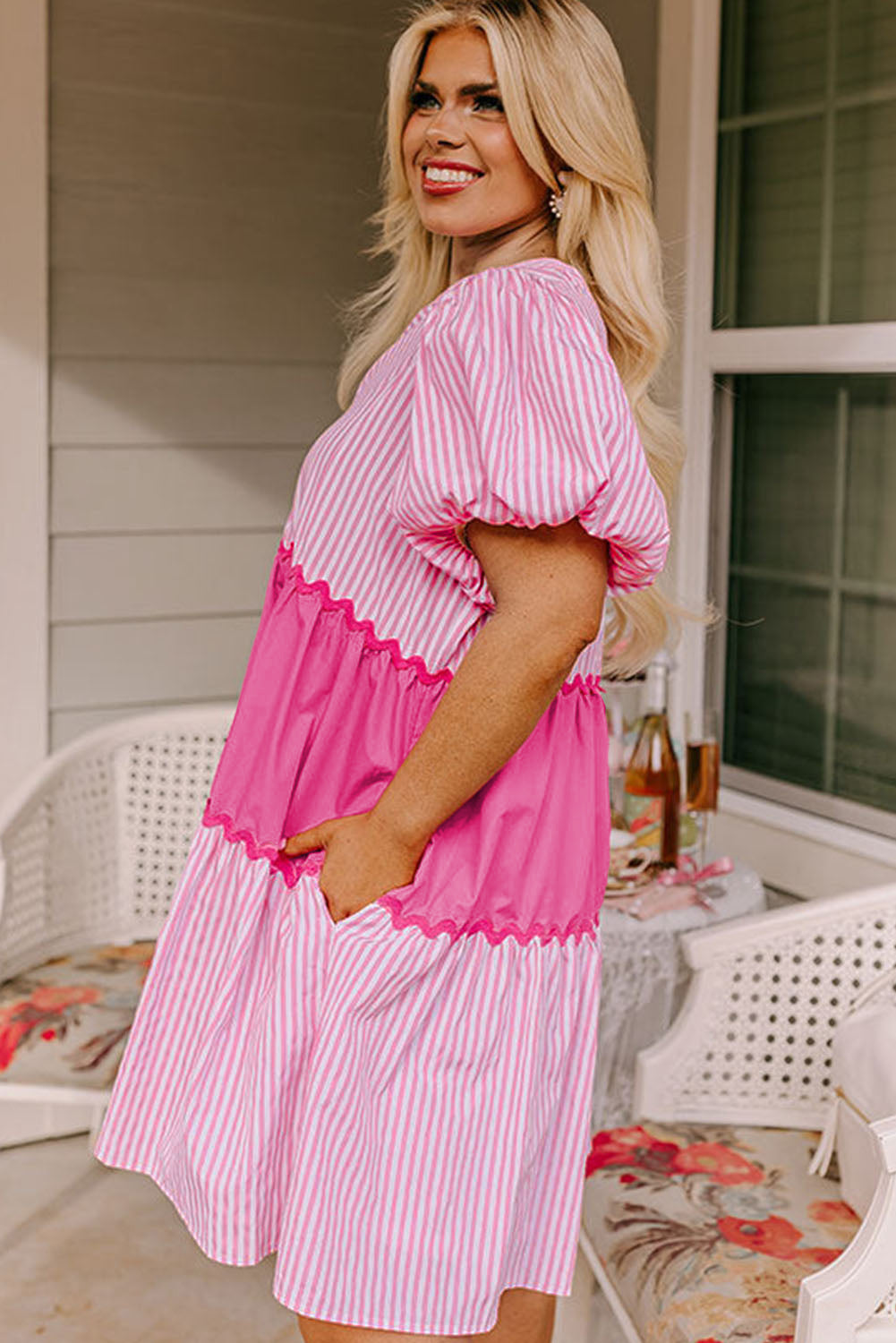 Pink Ricrac Block Accent Puff Short Sleeve Flowy Plus Tunic