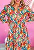 Multicolor Abstract Geometric Print Notch Neck Tiered Boho Dress