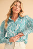 Green Paisley Print Smocked Cuffs Buttoned Loose Shirt