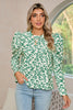 Blackish Green Leopard Print Puff Long Sleeve Top