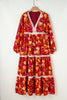 Orange Floral Print Lace Trim Patched V Neck Maxi Dress