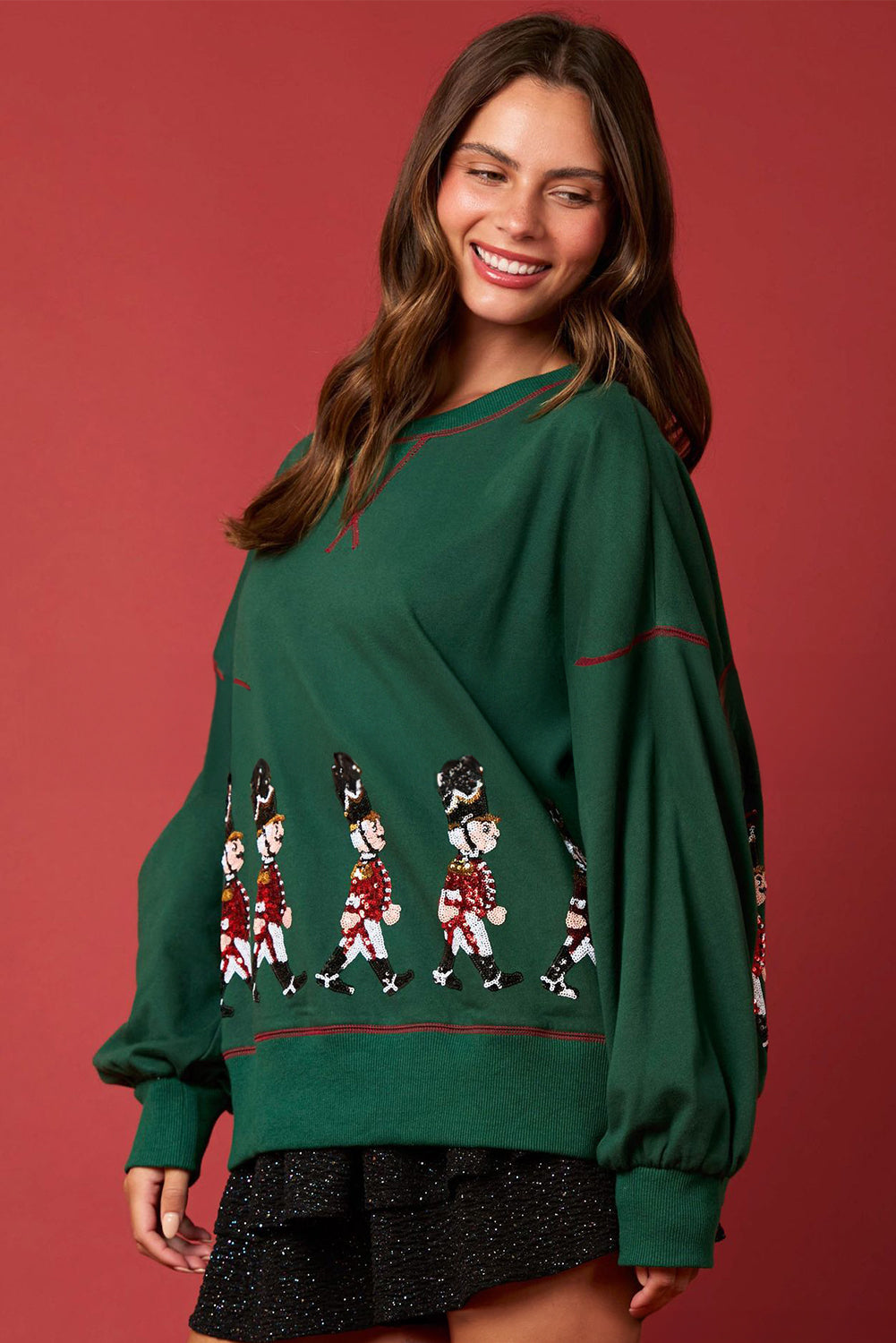 Blackish Green Nutcracker Sequin Round Neck Sweatshirt