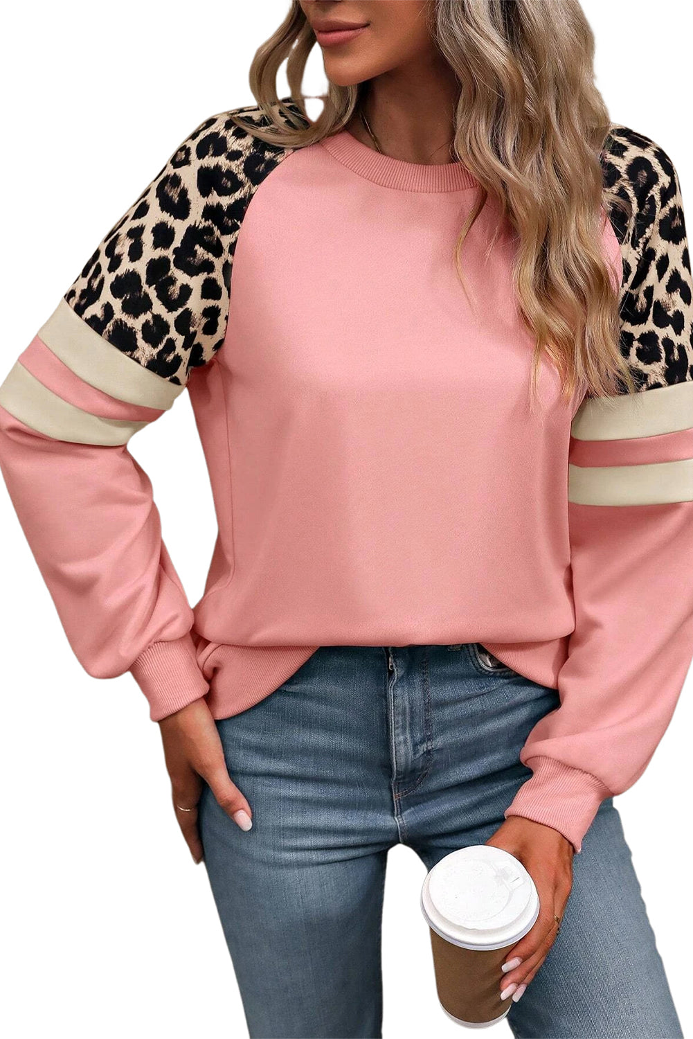 Black Leopard Print Patchwork Raglan Sleeve Sweatshirt