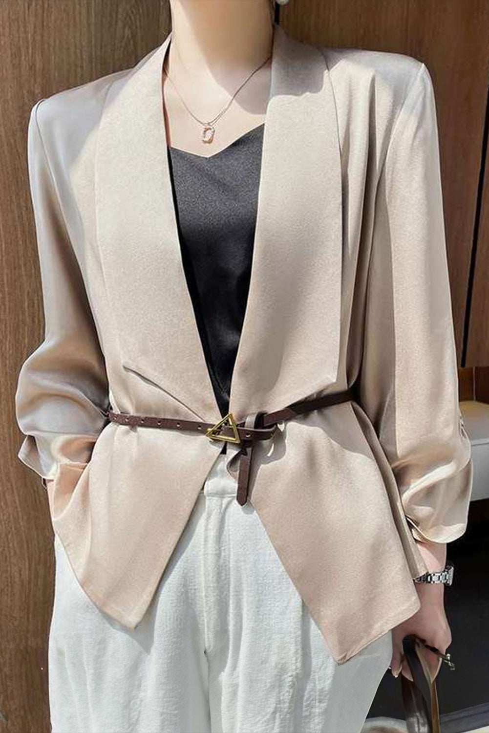 Apricot Solid Lapel Collar Satin Blazer