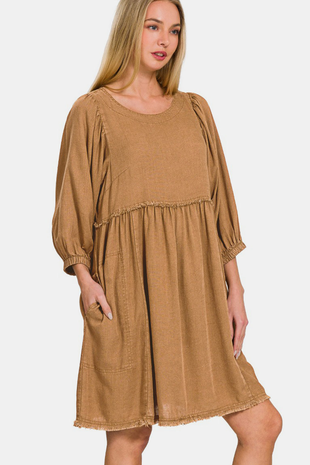 Zenana Washed Linen Pleated Puff Sleeve Tunic Dress